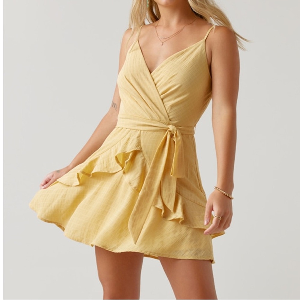 Francesca’s Ceanna Textured Mini Dress Yellow Wrap Dress
